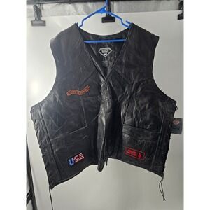 Diamond Plate Buffalo Leather Biker Vest Mens 4X Black Patchwork Eagle Patches